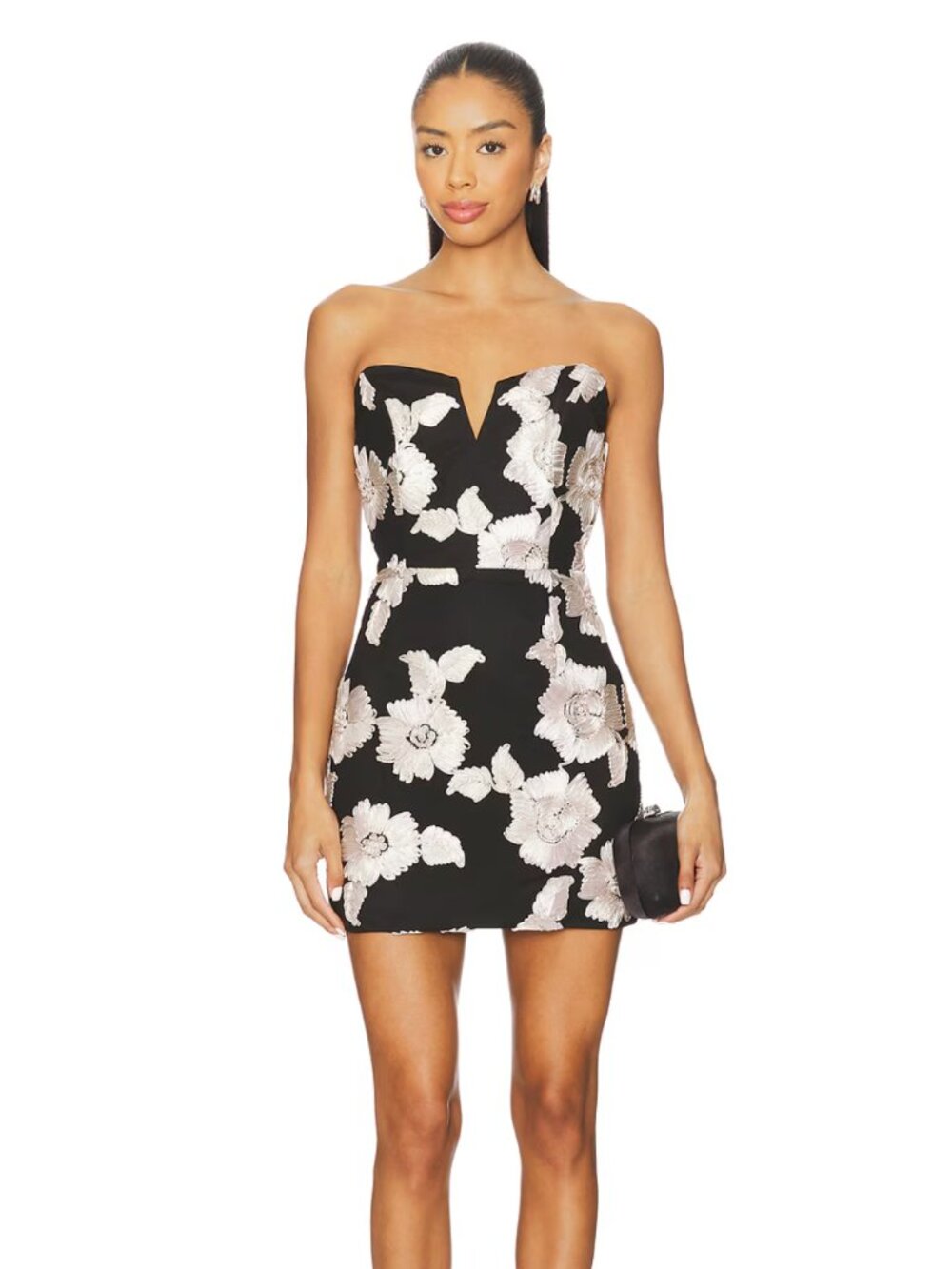 ELLIATT Margaux Mini Dress in Black Gold Silver Strapless Floral Small S